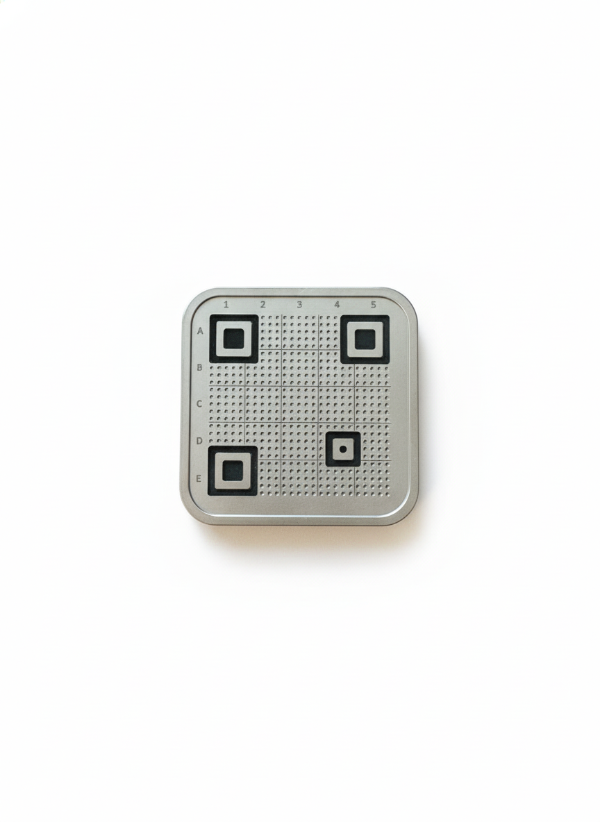 Small metallic square with QR codes on a white background