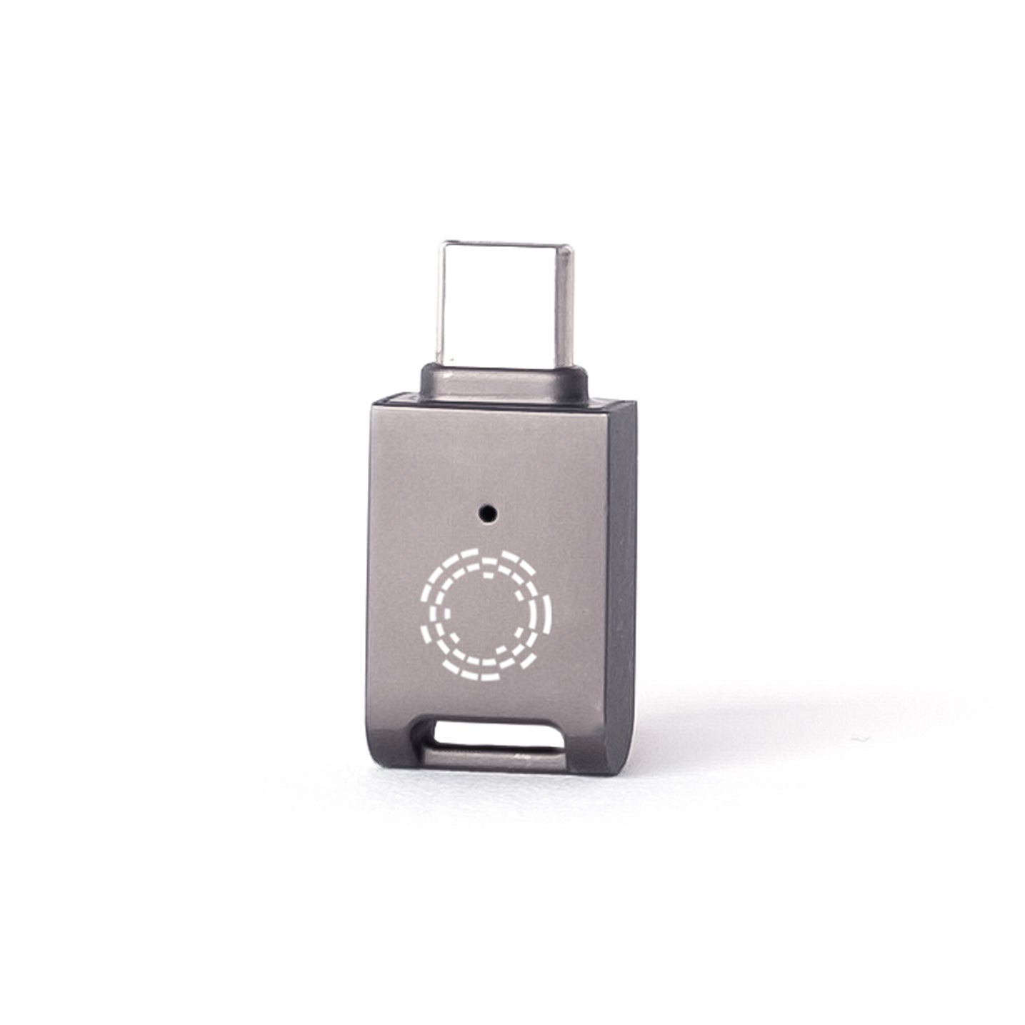 Blockstream Jade Plus USB-C adapter for Bitcoin hardware wallet, gunmetal finish with LED indicator