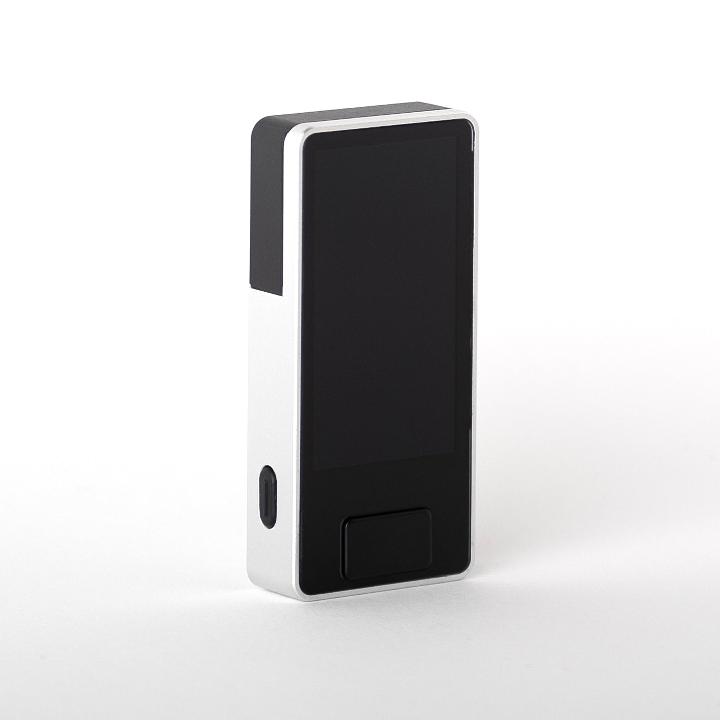 Front view of Blockstream Jade Plus Bitcoin hardware wallet featuring aluminum frame, full display, front navigation button, and power button