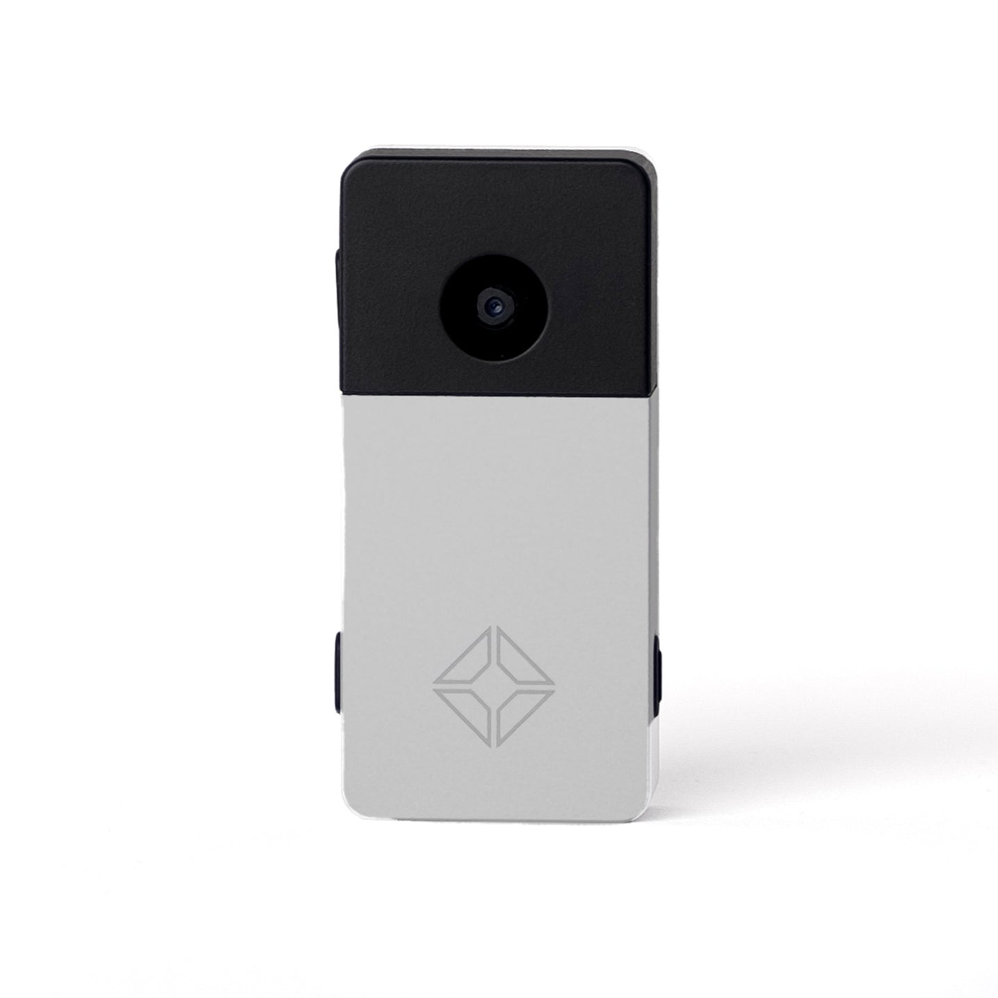 Back view of Blockstream Jade Plus Bitcoin hardware wallet in light-silver aluminum showing QR-signing camera and engraved logo
