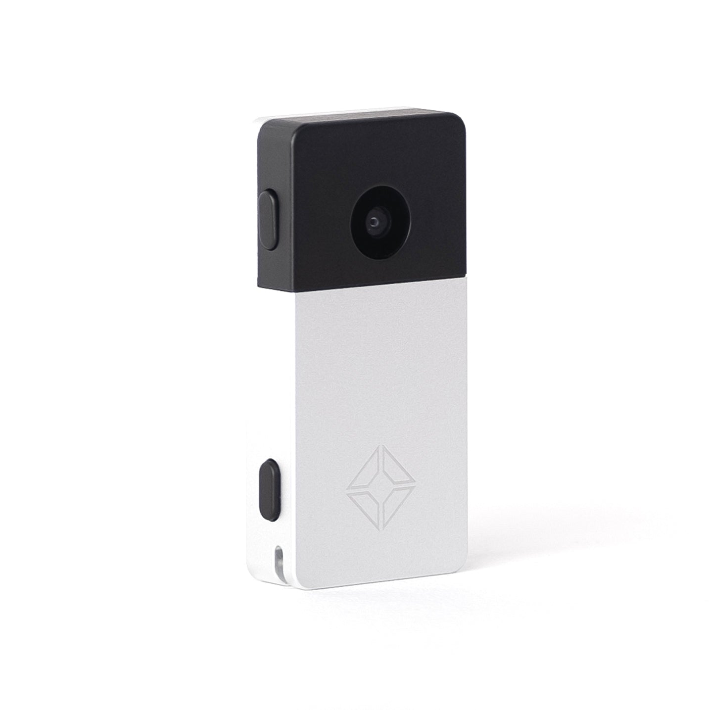 Angled rear view of Blockstream Jade Plus Bitcoin hardware wallet in silver aluminum, highlighting QR-signing camera, side buttons, and engraved logo
