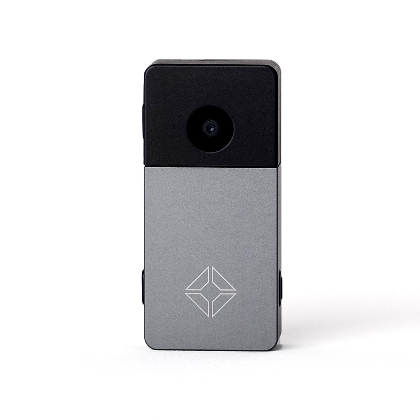 Back view of Blockstream Jade Plus Bitcoin hardware wallet in grey aluminum, showcasing QR-signing camera and engraved logo