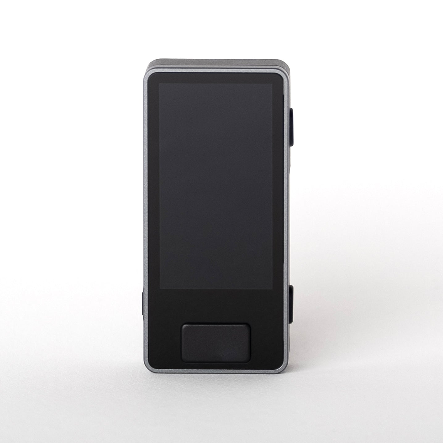 Straight-on view of Blockstream Jade Plus Bitcoin hardware wallet with front navigation button and side navigation buttons