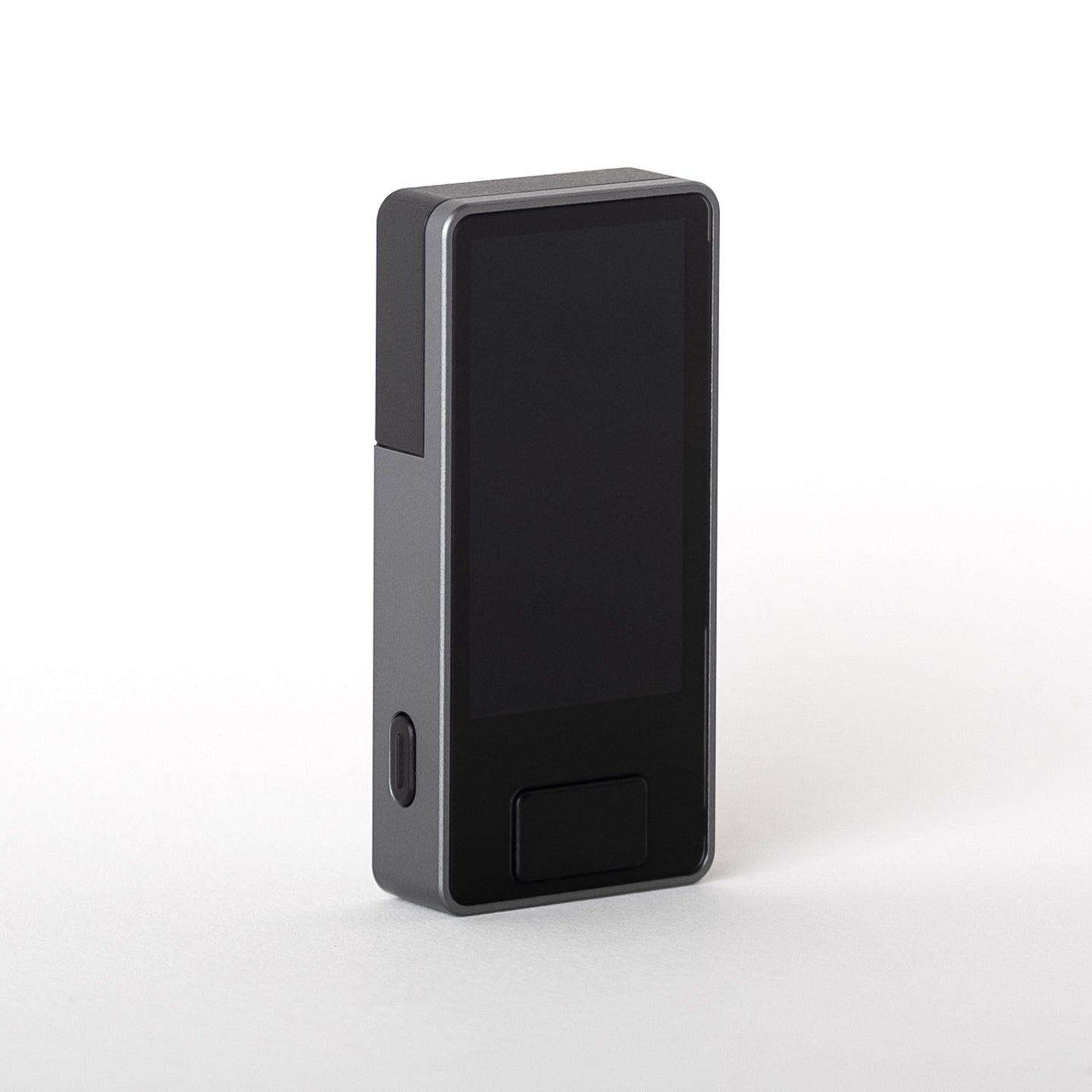 Angled front view of Blockstream Jade Plus Bitcoin hardware wallet showing aluminum body, display, and power button
