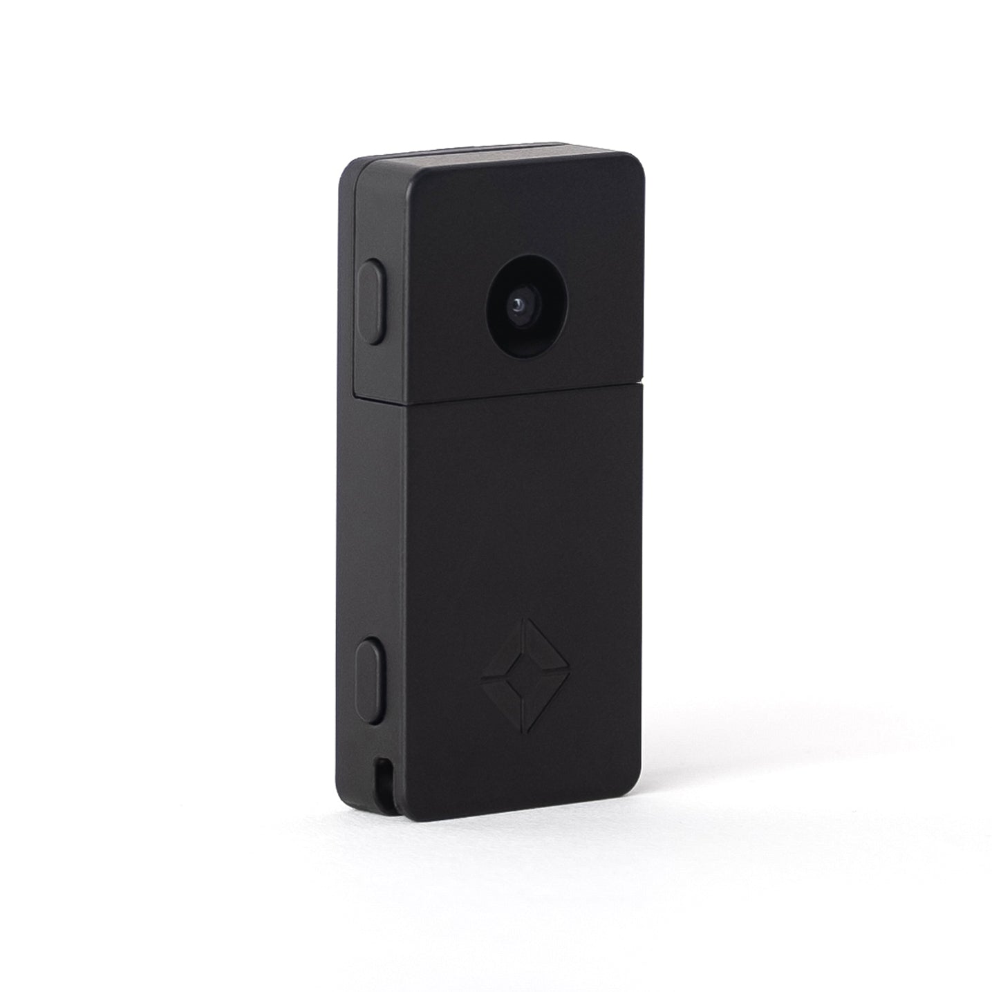 Angled rear view of Blockstream Jade Plus Bitcoin hardware wallet in matte-black finish, showing QR camera and side buttons