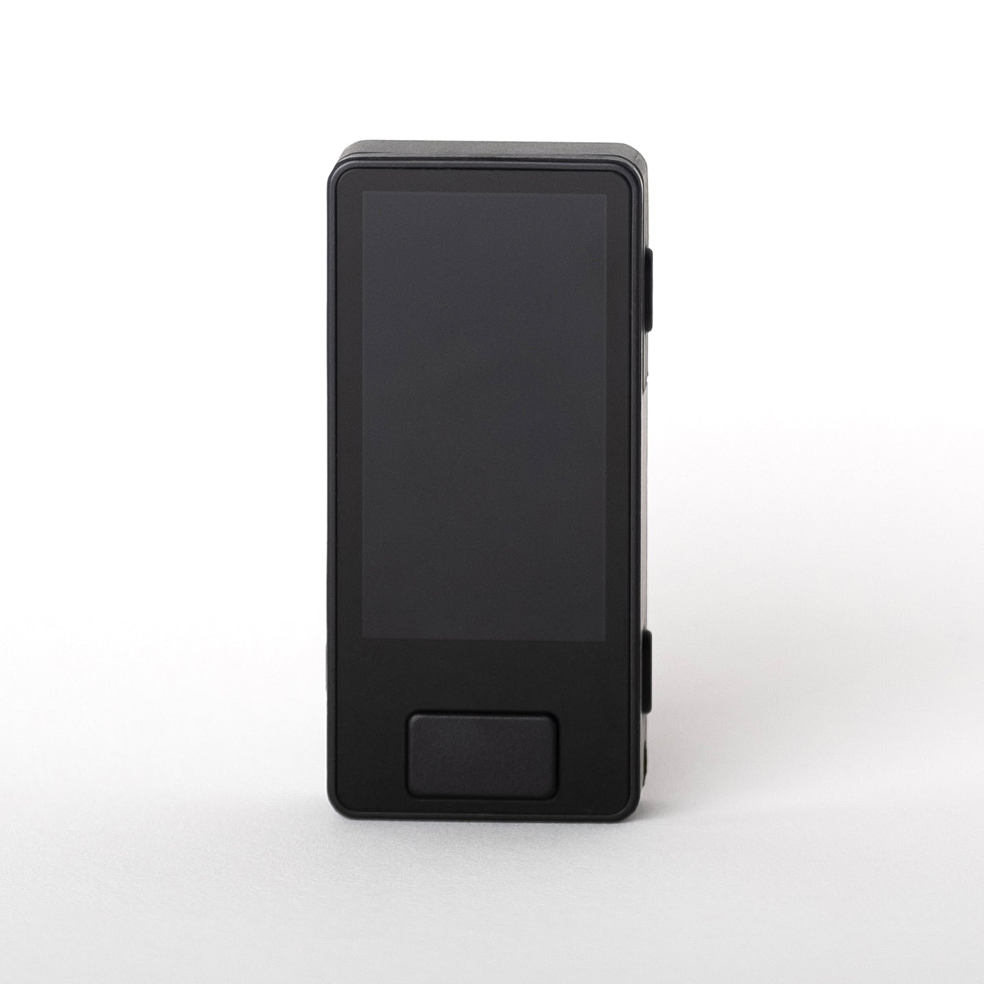 Straight-on front view of Blockstream Jade Plus Bitcoin hardware wallet in matte-black finish, highlighting full touchscreen and front navigation button