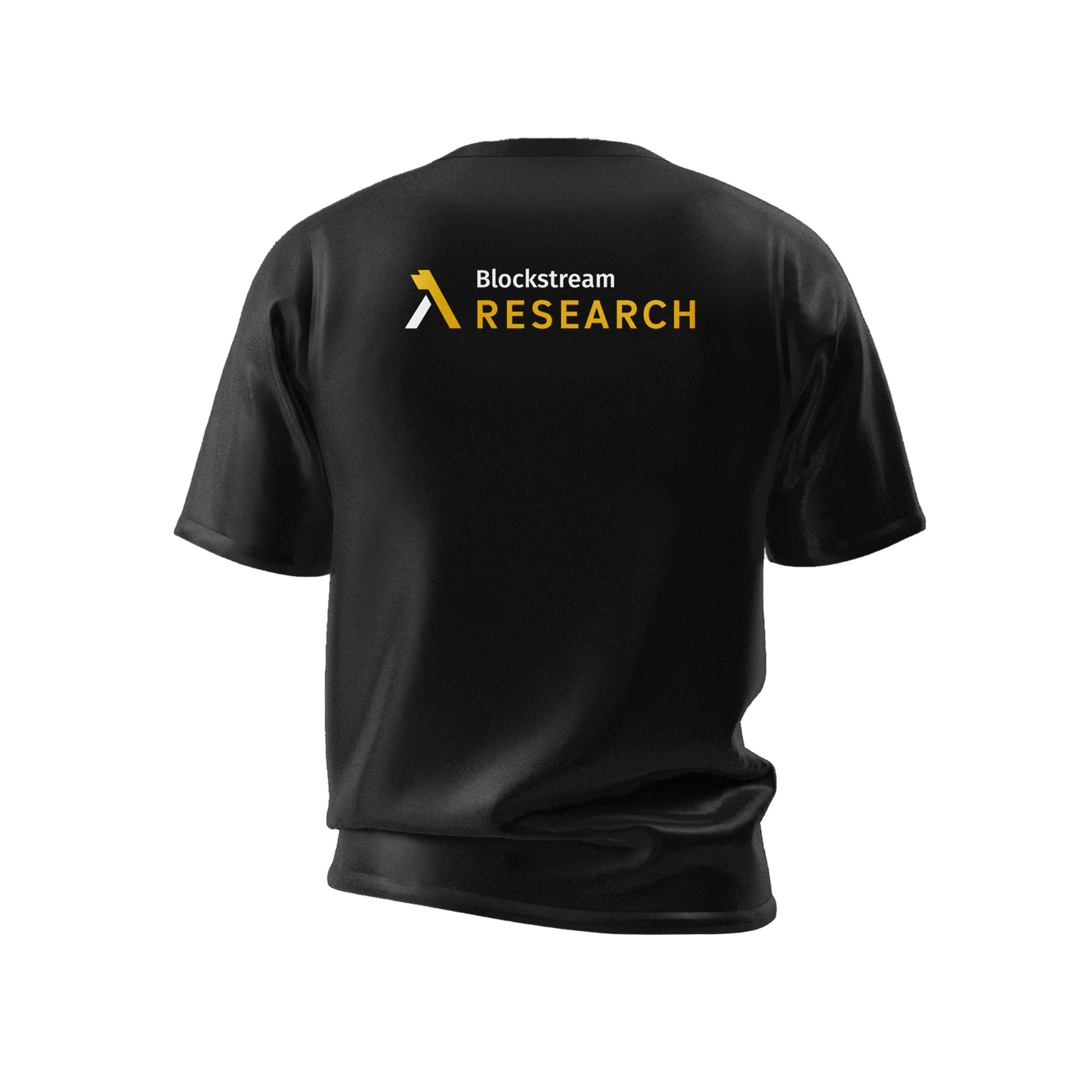 Black t-shirt with Blockstream Research logo on a white background