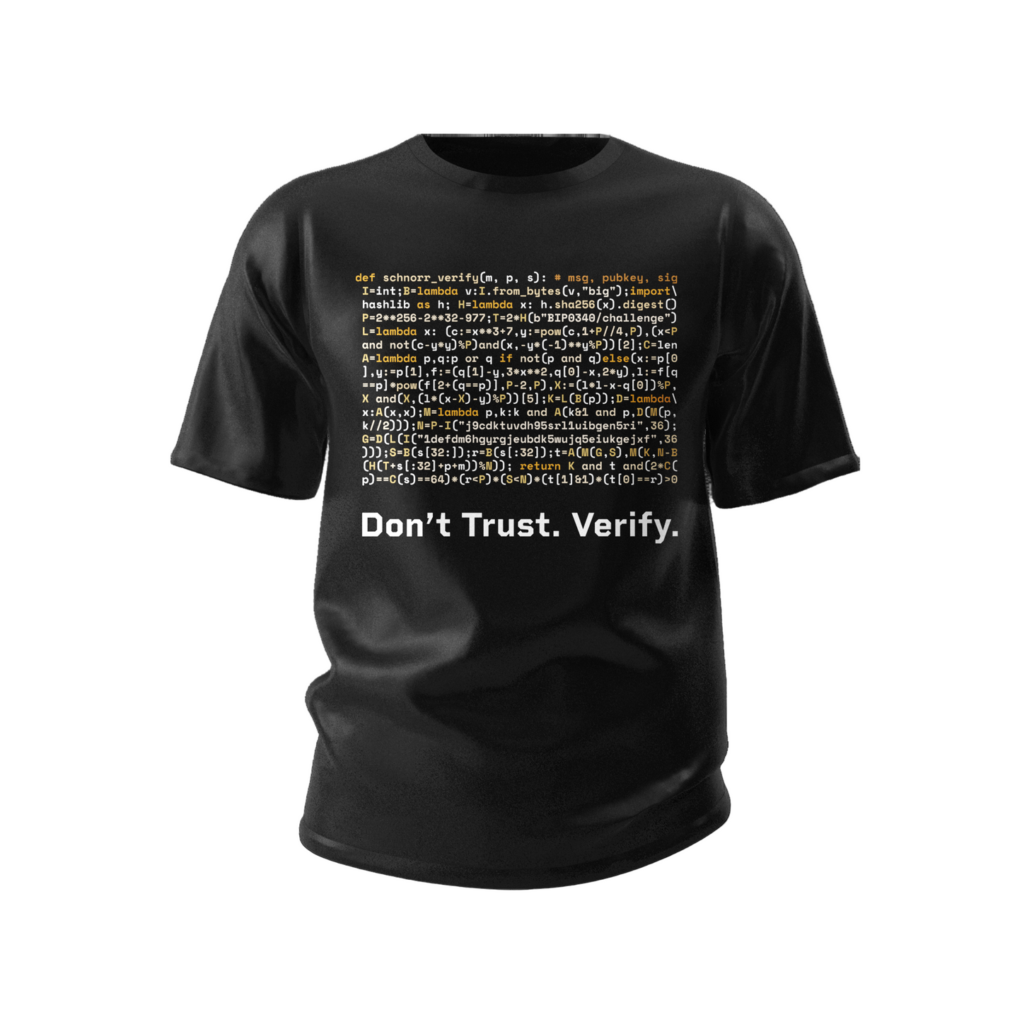 Black t-shirt with code text and 'Don't Trust. Verify.' slogan on a white background