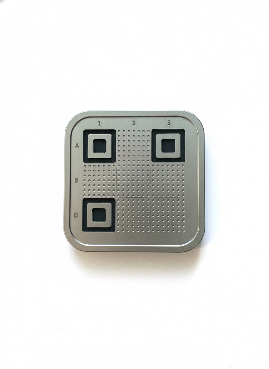 Metallic square device with QR code patterns on a white background