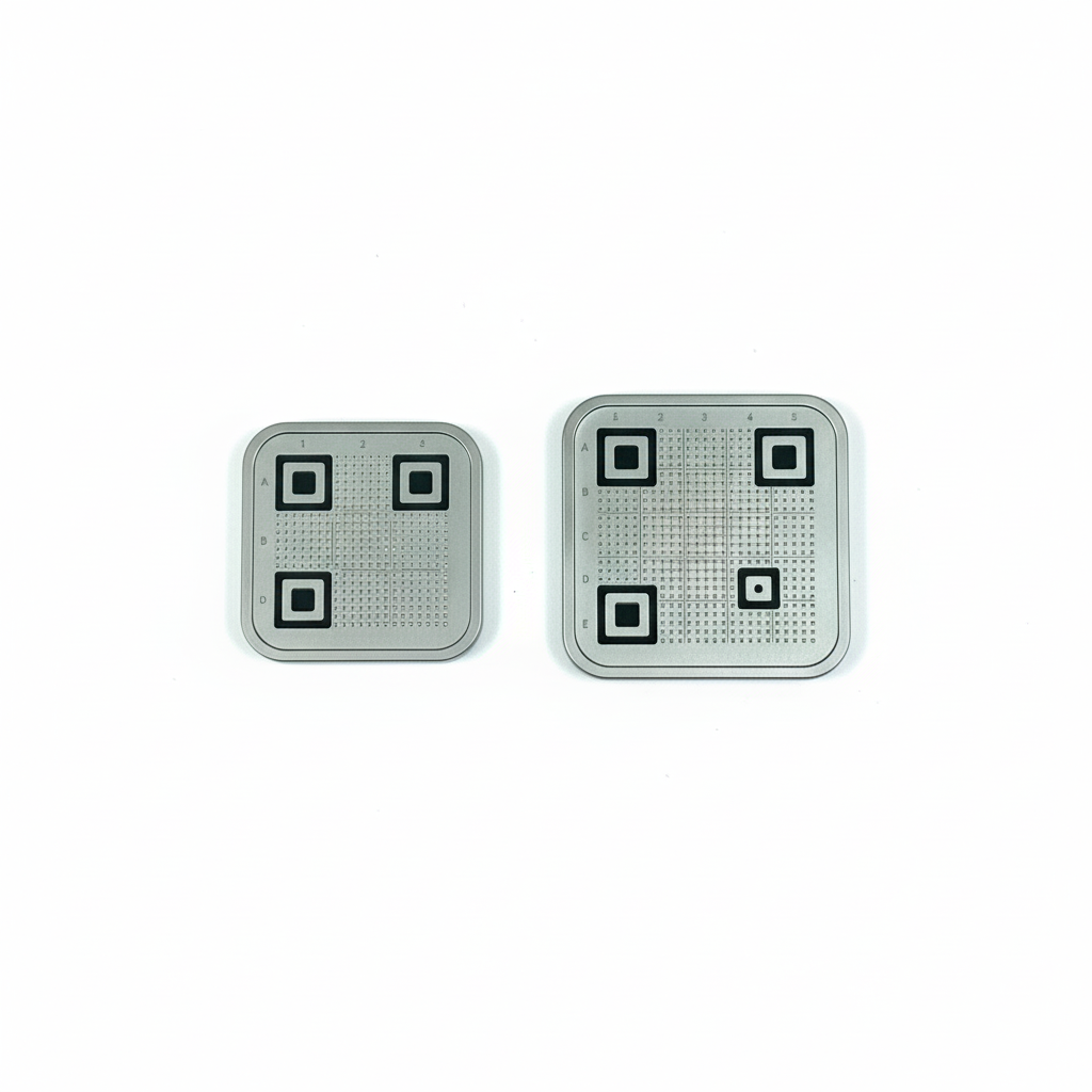 Two square metallic objects with black square patterns on a white background