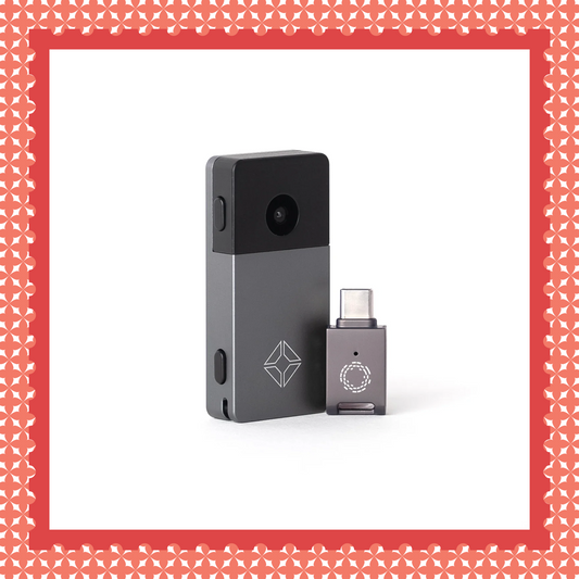 Blockstream Jade Plus Bitcoin hardware wallet with USB-C adapter for air-gapped upgrades and featuring QR-signing camera 