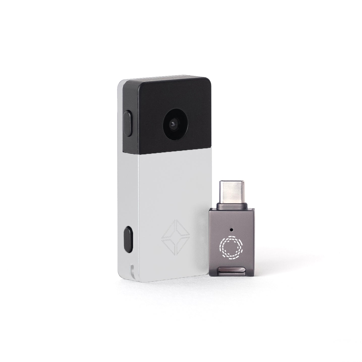 Silver Blockstream Jade Plus Bitcoin hardware wallet with USB-C adapter for air-gapped upgrades and featuring QR-signing camera 