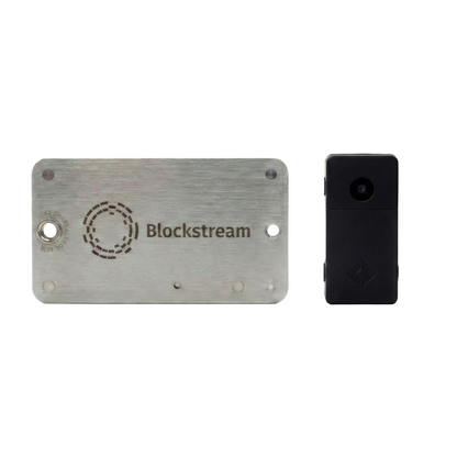 Black Blockstream Jade Plus bitcoin hardware wallet with seed phrase plate