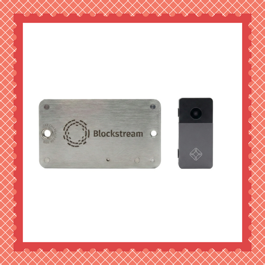 Grey Blockstream Jade Plus bitcoin hardware wallet with seed phrase plate