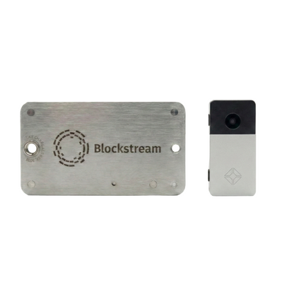 Silver Blockstream Jade Plus bitcoin hardware wallet with seed phrase plate