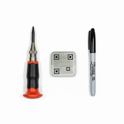 Screwdriver, square tool with QR codes, and Sharpie marker on a white background