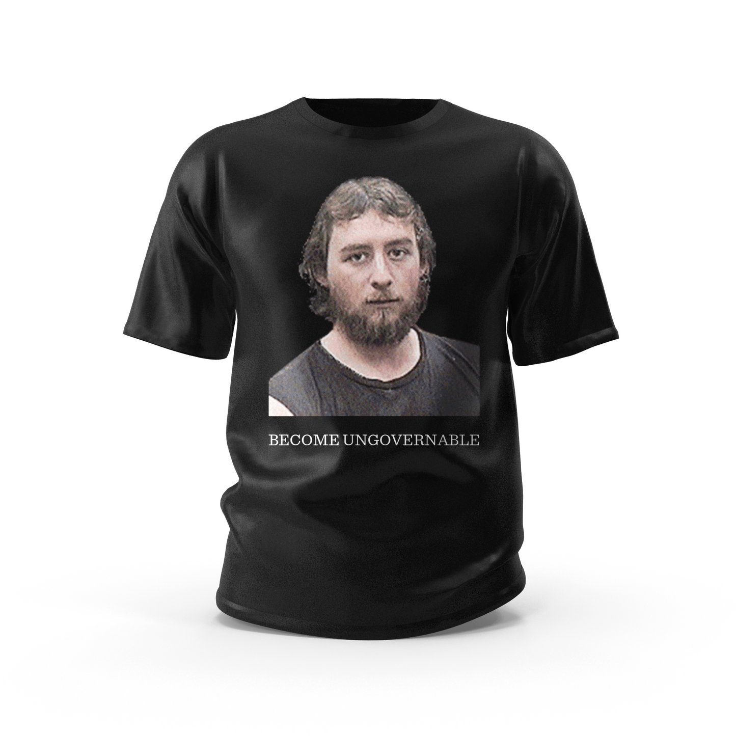 Black t-shirt with a graphic of Adam Back and 'BECOME UNGOVERNABLE' text on a black shirt