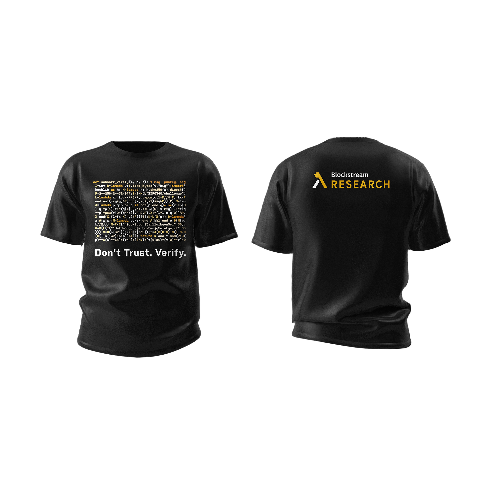 Black t-shirt with 'Blockstream Research' logo and text on a white background
