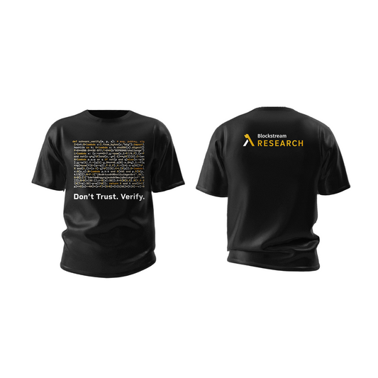 Black t-shirt with 'Blockstream Research' logo and text on a white background